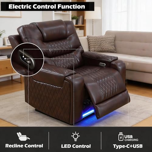 Image of Leather Recliner Loveseat Set, Power Leather Sectional Set with LED Light, Living Room Furniture Sets 2 Seats, Power Reclining Sofa Sets with Storage Console /Cup Holder for Living Room