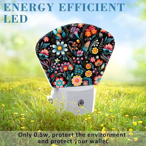 Image of Embroidery Style Flowers Plug in Night Lights, Flowers Nightlight Plug Into Wall Dusk to Dawn Sensor for Kid Girls Boys Women Men Bedroom, Hallway, Kitchen, Bathroom, Stairs Decor