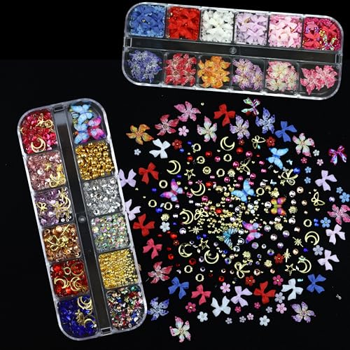 SEMATA 2 Box 3D Flower Nail Charms,Nail Gems Butterfly Heart Bow Flatback Pearl Nails Rhinestones Charms for Nails Art Jewels Design Decor(Colorful-20) — view 2