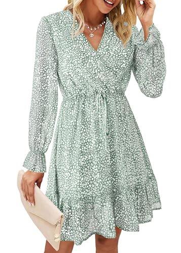 Image of KIRUNDO Women Casual Summer Fall Dresses Long Sleeve Floral Wrap V Neck High Waist Ruffle Tiered A Line Flowy Mini Dress