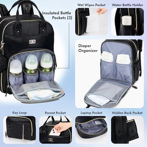 Image of Dikaslon Leather Diaper Bag Backpack with Portable Changing Pad, Pacifier Case and Stroller Straps, Large Unisex Baby Bags for Boys Girls, Multipurpose Travel Back Pack for Moms Dads, Black