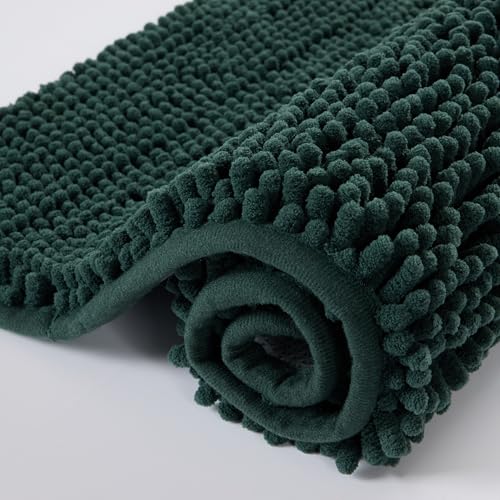 watthourhome Chenille Bathroom Rug 24x16 Extra Soft Absorbent Quick Dry Machine Washable Non-Slip Bath Mat for Tub Shower and Bathroom Floor Plush Shaggy Home Decor Green