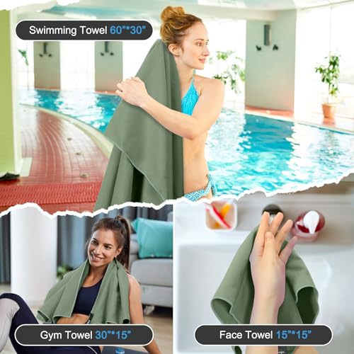 Quick Dry Travel Towel, 3 Sizes 1 Pack Camping Microfiber Towel, Lightweight Fast Drying Towels Set 60″x30″, 30″x15″, 15″x15″ w/Bag for Gym, Beach, Hiking, Swimming, Army Green