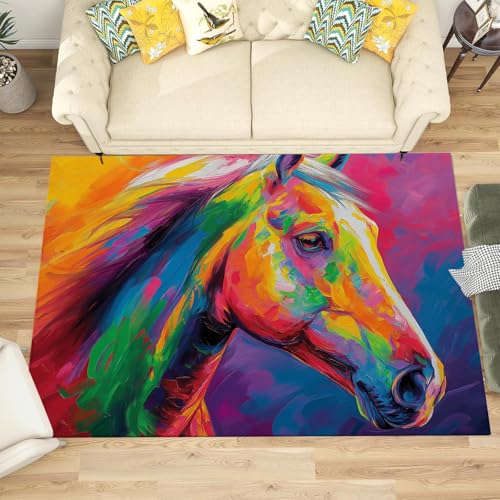 Tapis de salon peinture tête de cheval lavable orange