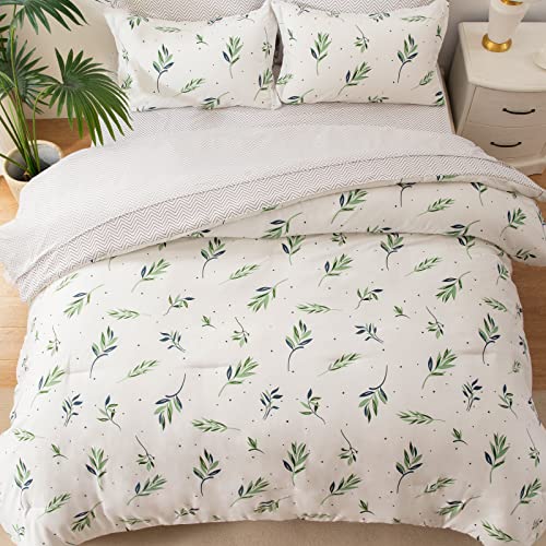 Image of EMME Twin Comforter Set - Sage Green Floral Bedding Sets 5 PCS with Nature Leaves Pattern, Soft Leaf Printed Botanical Bed Set with Sheets, Fluffy Bed Bag for All Season(68 inchX90 inch)