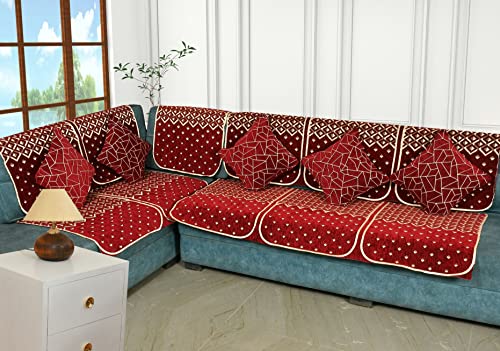 Image of Premium 5 Seater Printed Sofa Cover Set 3,1,1 Seater 10 Pieces Sofa Back Slip Panels, Protector for Single Seater (Maroon, L Shape with Cushion Cover)