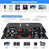 HiFi Verstärker mit Bluetooth, S-299 4.1-Kanal RMS 40Wx4+50W Max. 800W Bluetooth5.0 Mini Audio Verstärkers Subwoofer Verstärker mit USB SD Slot, AUX DC 12V/5A für Heimlautsprecher – Ansicht 7