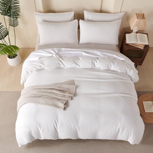 Image of White Striped Comforter Set Queen - 3 Pieces Bedding Comforter Set for All Season, Soft Lightweight Washed Microfiber, 1 Striped Comforter and 2 Pillowcases (White, Queen Size)