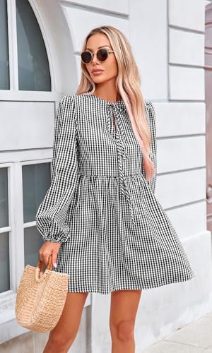 Womens Fall Casual Long Sleeve Babydoll Gingham Mini Dress Vacation Cute Swing Flowy Summer Plaid Short Dress2