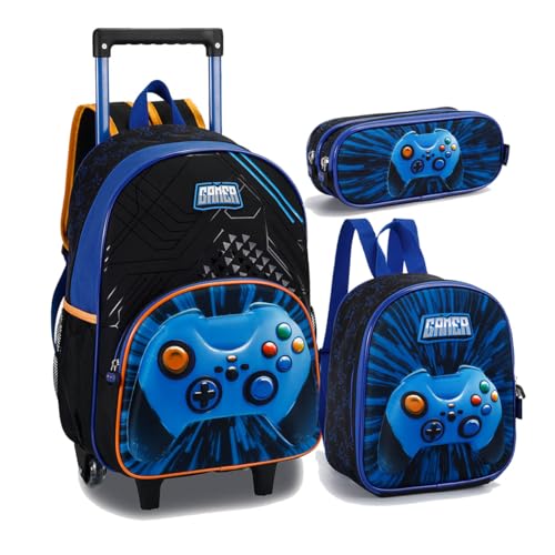Kit Mochila Infantil Menino Gamer Lancheira Estojo Garrafinha (Azul)