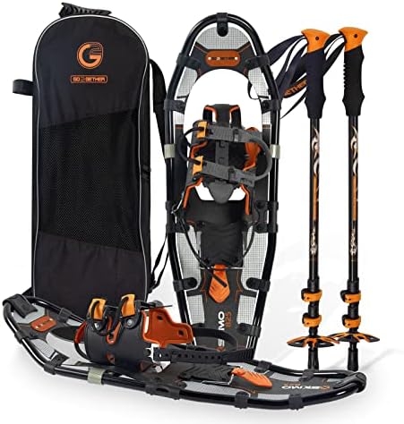 G2 25 Inches Light Weight Snowshoes for Women Men Youth, Set with Trekking Poles, Carrying Bag, Snow Baskets, Special EVA Padded One-Pull Binding, Heel Lift, Toe Box, Orange