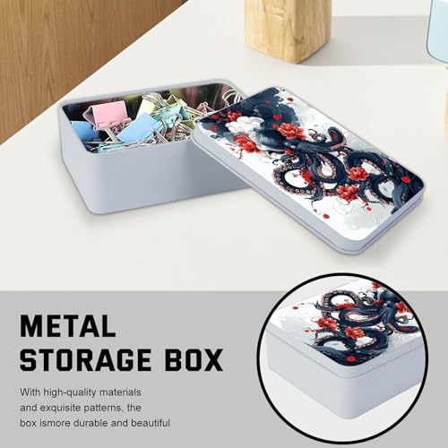 Image of Metal Tin Box with Lid,Multi-functional Storage Large Box Can Store Tea Biscuits Game Cards, Playing & Tarot Cards-Comes with 4 Magnetic Cord Clips,Octopus and Red Flower