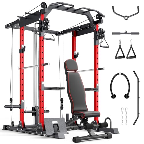 Image of YOLEO Smooth Dual Pulley System Power Cage, 1600LBS Adjustable Cable Crossover Power Rack, Multi-Functional Squat Rack for Home Gym with More Training Attachment (Power Cage + 880LBS Weight Bench)