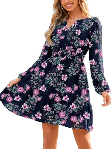 Image of Simplee Womens Spring Floral Mini Dress Long Sleeve Boho Chiffon Short Dress Casual Flowy Fall Wedding Guest Dresses