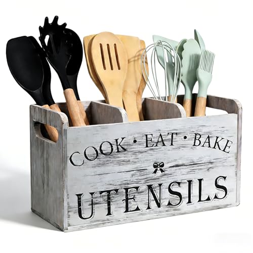 Utensil Holder,Wooden Utensil Holder for Kitchen Counter, Cooking Utensil Organizer with 3 Compartments,Utensil Crock for Silverware Spoon Spatula
