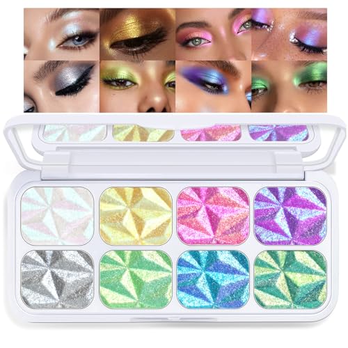 Noerrors 8 Farben Chamäleon Lidschatten Make-up Palette, Diamant Lang anhaltender wasserdichter Glitzer-Lidschatten,Intensive Farb-Holographische Regenbogen-Glanz-Gesichts-Highlighter für Make-up