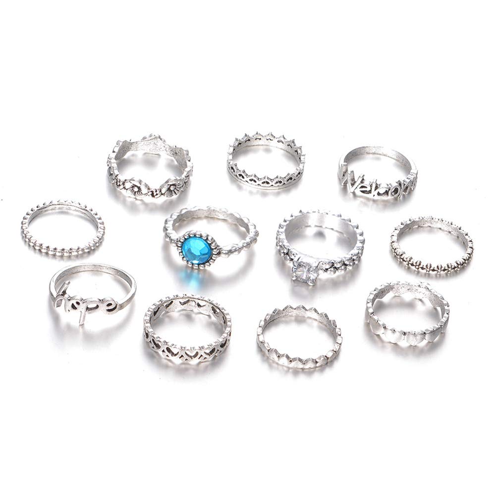 junshi11Stacking Ring Set, 11Pcs Silver Rings for Women with Zircon, Hollowed Knuckle Finger Rings, Ideal Gift for Her