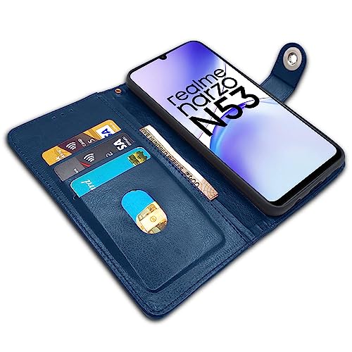 Image of Pikkme Realme Narzo N53 Flip Cover Leather Finish | Inside TPU with Card Pockets | Wallet Stand and Shock Proof | Complete Protection Button Flip Case (Blue)