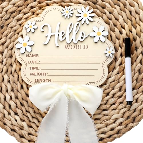 Amyhill White Bow Flower Baby Birth Announcement Sign 6.1 Inch Hello World Newborn Sign Personalized Wooden Welcome Announcement Board for Hospital Nursery Gifts for Expectant Mothers by Amyhill - Used condition - US$5.94