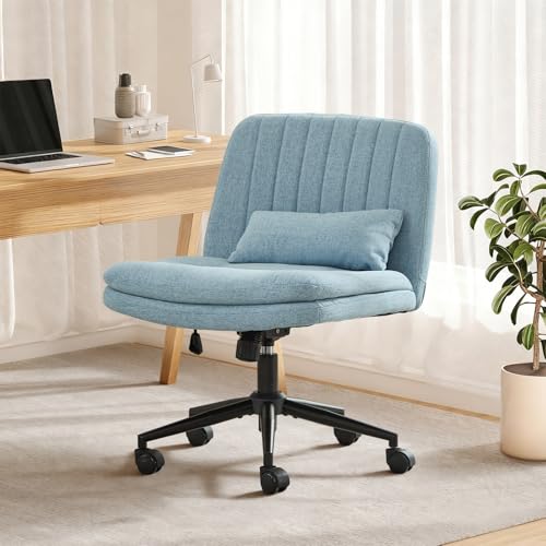 Criss Cross Chair with Wheels, Comfy Armless Cross Legged Office Chair with Wide Seat, Double-Thick Cushion, Pillow, Adjustable Swivel Computer Task Vanity Home Office Desk Chair (Blue, with Wheels)