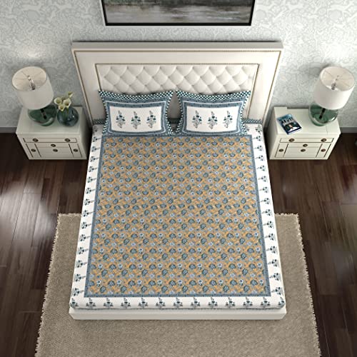 Image of La Verne140 TC 100% Cotton King Size Jaipuri Rjasathani Print Bedsheet with 2 Pillow Covers