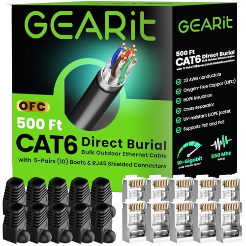 Image of GEARit Cat6 Outdoor Ethernet Cable (Cat 6 DIY Kit - 500ft Bulk Cable | x10 RJ45 | x10 Boot) 23AWG OFC Pure Copper, FTP, LLDPE, Waterproof, Direct Burial, In-Ground, UV, POE, Network, LAN, Internet