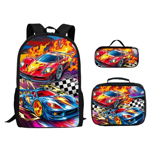 Ialtsidws 3PCS Car Backpack for Boys 17 Inch Kids Bookbag for School with Lunch Box and Pencil Case, Reusable School Backpacks Set for Kids Children Teens Elementary