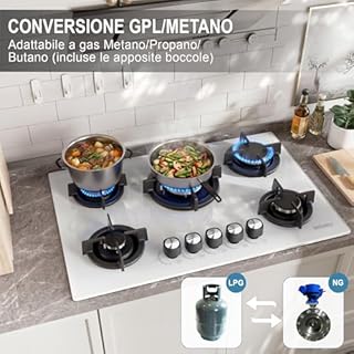 Piano Cottura Gas 5 Fuochi, Gas on Glass 77 cm da Incasso, Bruciatore Rapido, Bruciatore Wok, Precisa Regolazione della Fiamma(Dimensioni di taglio: 73 x 48 cm)