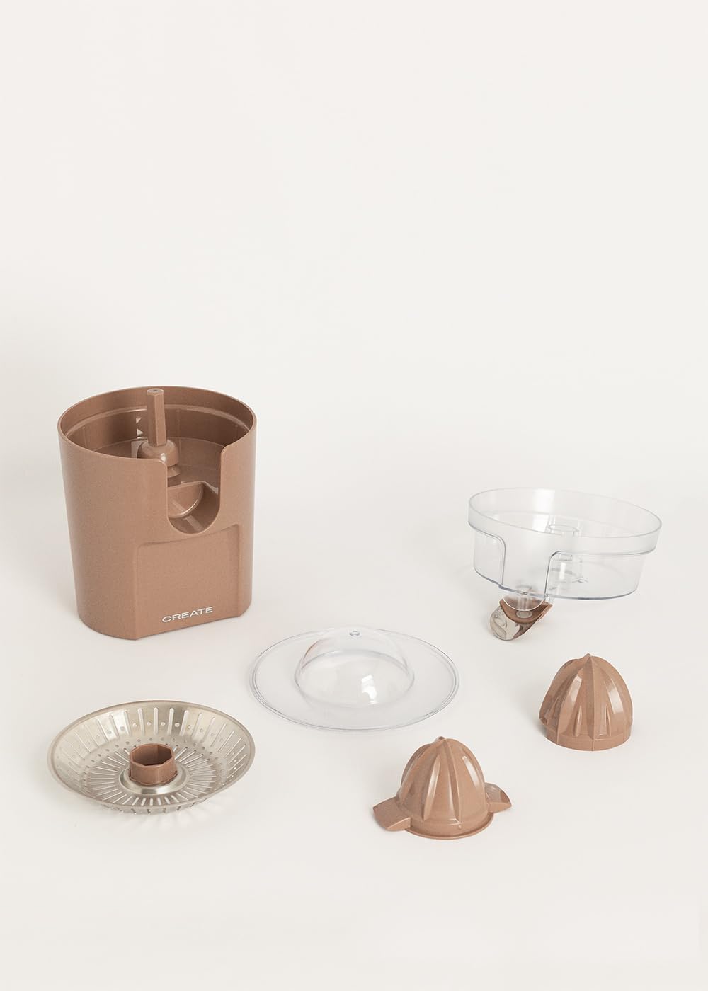 CREATE/JUICER STUDIO/Elektrische Zitruspresse in Mokka/Spritzfrei, 230ml Behälter, Fruchtfleischfilter, Tropfschutzsystem, spülmaschinenfeste Teile, 2 abnehmbare Kegel, 100W