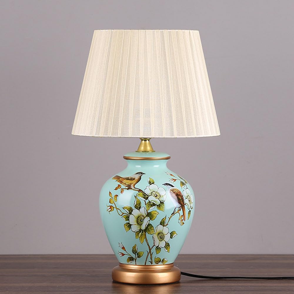 SGKOMN American Flower And Bird Ceramic Table Lamp,Chinoiserie E27 Table Lamp, Classic Cottage Bedside Desk Nightstand Lamp For Bedroom Living Room Office College Bookcase-A