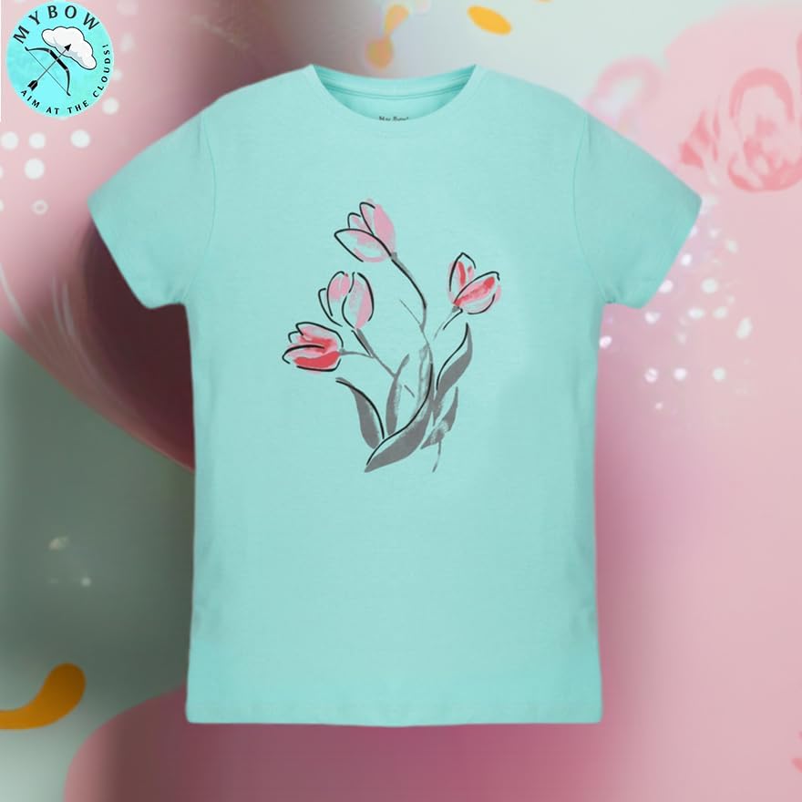 My Bow Girls Cotton Short Sleeve T-Shirt, Green, Orange red, Turquoise (US, Age, 4 Years, 14 Years, Cotton) - Image 2