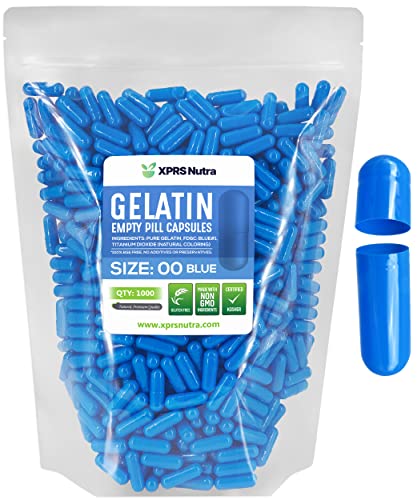 Image of XPRS Nutra Size 00 Empty Capsules - 1000 Count Empty Gelatin Capsules - Pills DIY Capsule Filling - Fillable Gel Caps for Do-It-Yourself Supplements (Blue)