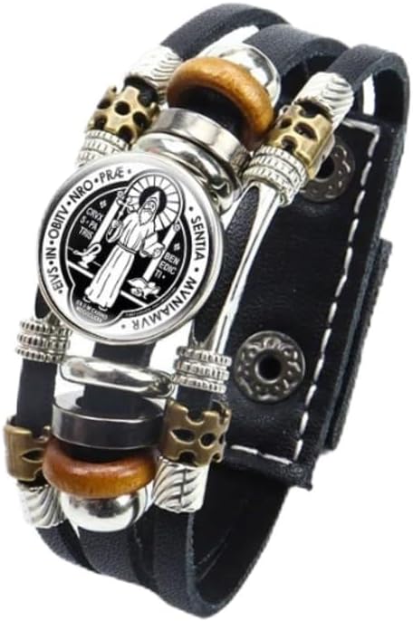 925 Sterling Silver San Benito Bracelet For Men - Luminous St Benedict Bracelets Leather Catholic San Benito Snap Button Bangles Multilayer Wristband, Rosario De San Benito, Pulseras De San Benito
