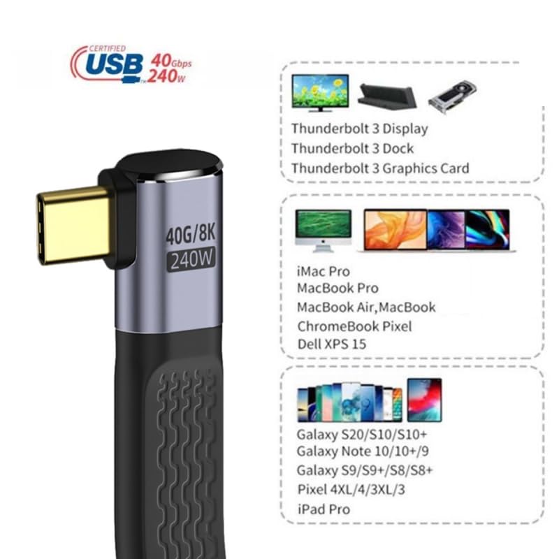 Miniatura 12 de CY Cable USB4.0 240W de alimentación tipo C USB-C USB4 macho a macho USB4 izquierda derecha en ángulo 40Gbps 100W 8K plano delgado FPC cable de
