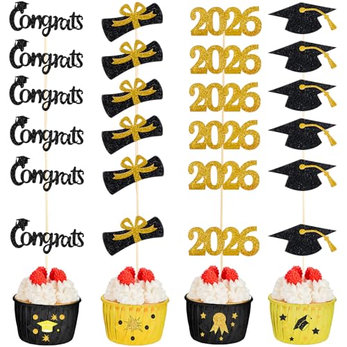 Chinco 100 Pack 2026 Graduation Cupcake Toppers Glitter Grad Cap Food Appetizer Picks Cake Caps Party Decorations Diploma Cupcake Picks for Cake Class of 2026 Graduation Party (Black and Gold)