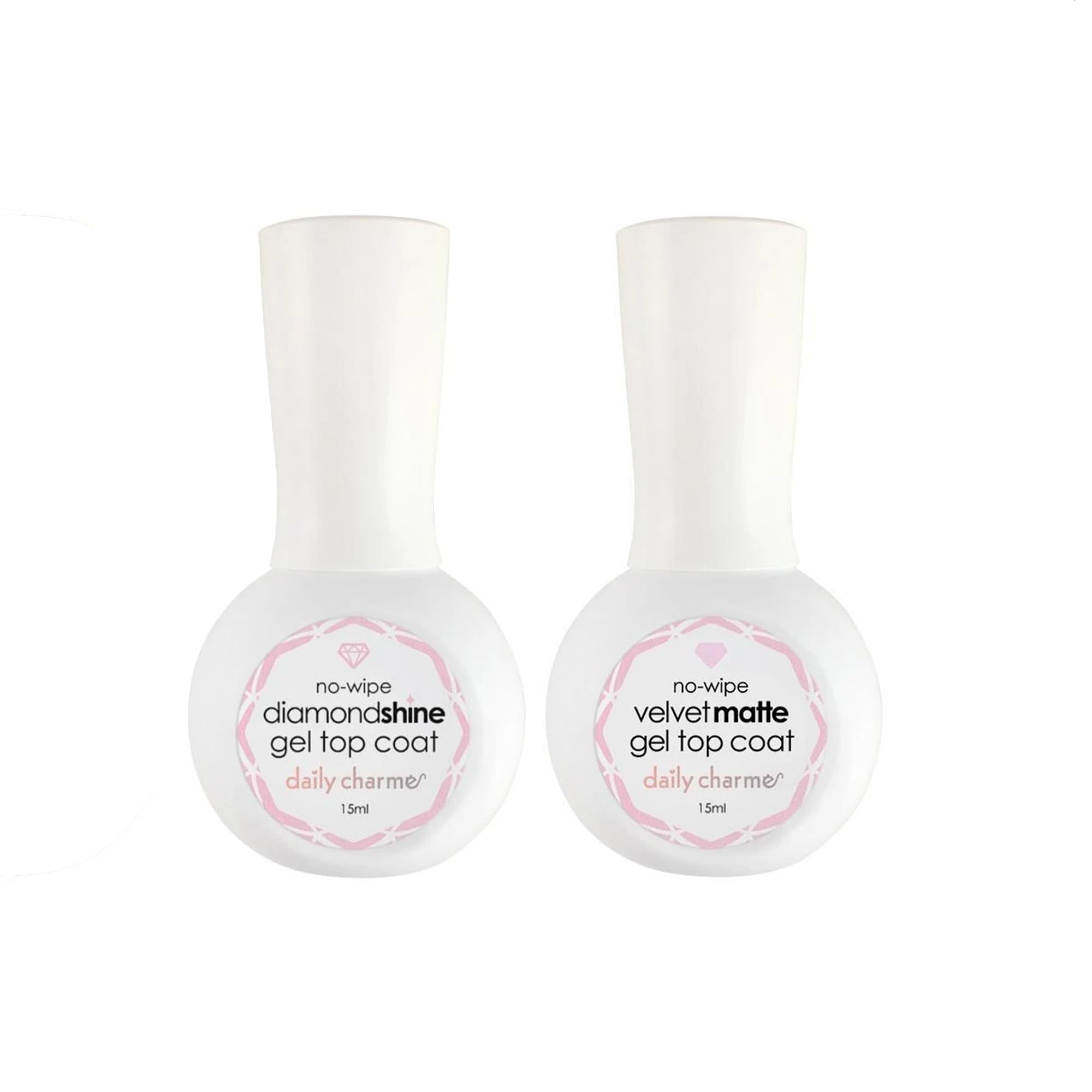 Daily Charme Diamond Shine & Velvet Matte Duo No-Wipe Top Coat Gel Nail Polish, Long Lasting, Matte Finish, Super Shiny, High Gloss, Soak Off, Home DIY & Professional Nail Salon