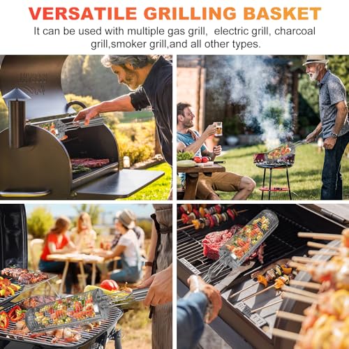 JUAUO 2-Stück Grillzubehör, Seitlicher Öffnung Zylindrischer Rotierender Grillkorb Set mit Edelstahl Griff, Praktisches Geschenke für Grillliebhaber, für Gemüse, Fleisch, Meeresfrüchte am Außengrill