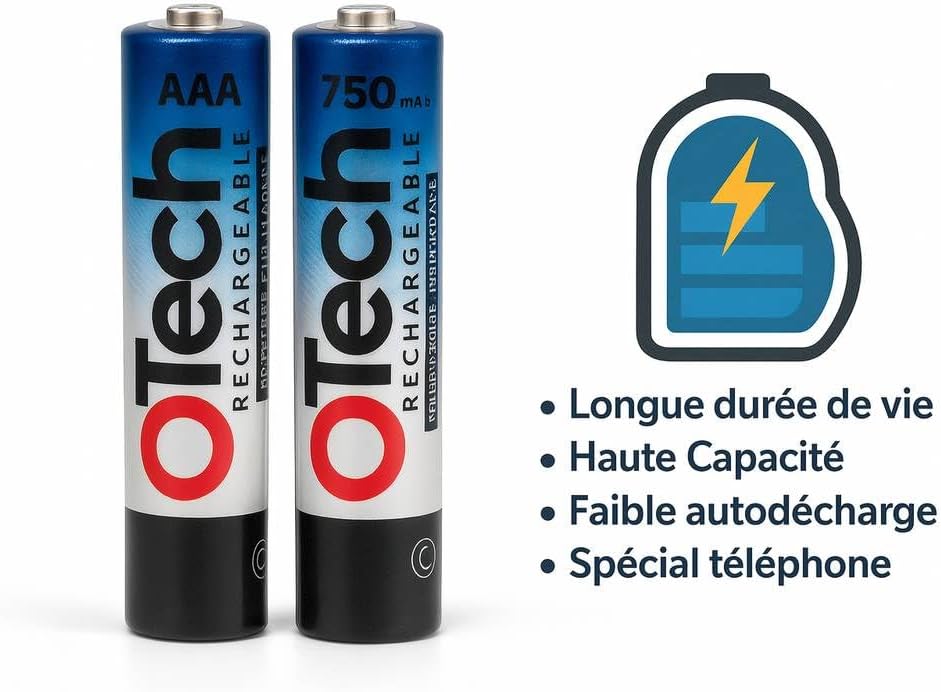 Two Otech rechargeable batteries with feature highlights