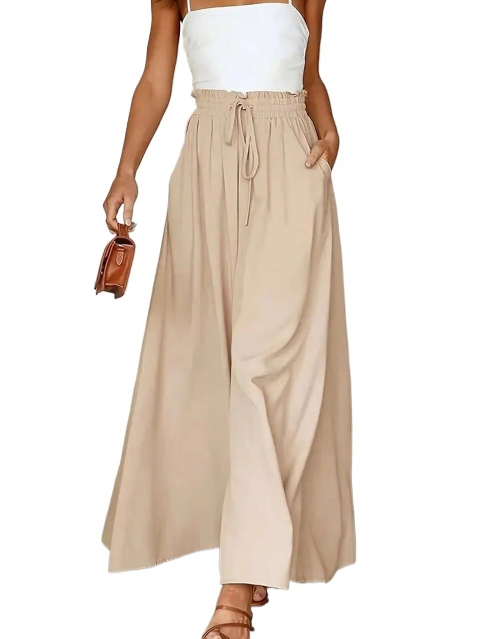 RAISER Womens Business Work Casual Pants Paperbag Waist Slant Pocket Wide Leg Pants