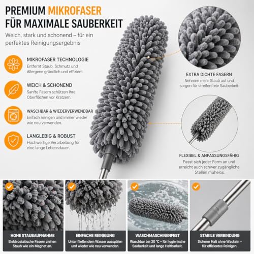 Plumeau microfibre lavable avec manche télescopique extensible de 2,8 mètres