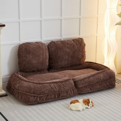 3-in-1 Upholstered Human Dog Bed for Adults & Pets, 5-Position Foldable Lounger Lazy Sofa Bed w/2 Soft Pillows, Comfy Corduroy Convertible Sleeper Chair Bed Bean Bag for Bedroom Living Room (Brown I)