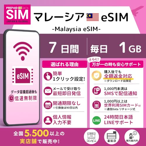 [ �}���[�V�A eSIM ] �I�����C���ŒZ�������s�i���[�����j�b�I�ׂ�e�ʁE�����b�����pOK�b���S24���ԓ��{��T�|�[�g�b�ᑬ�������t�� (7Days-Daily 1GB)