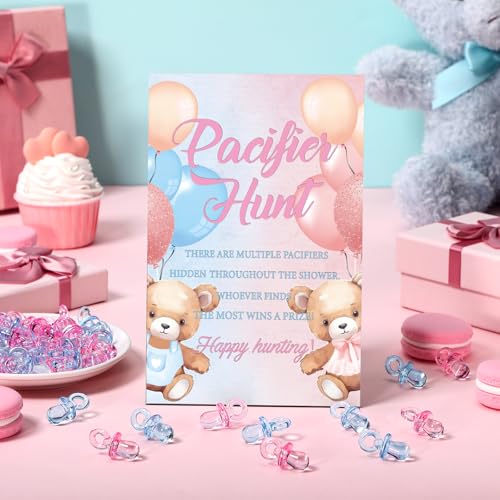 Image of Thyle 51 Pcs Bear Pacifier Hunt Baby Shower Games Include Hunt Sign and 50 Acrylic Pacifiers for Pink and Blue Baby Shower Game Decoration Sets Gender Reveal Newborn Announcement Party Decor