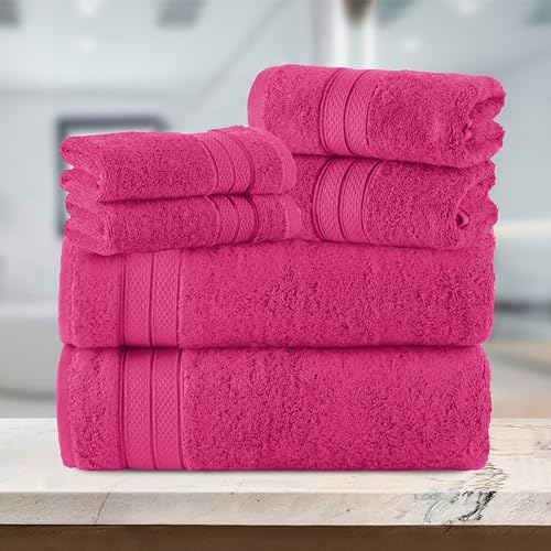 Image of Elegant Comfort Luxury 6-Piece Towel Set, Premium Soft 100% Turkish Cotton, Three Line Popcorn Design 2 Bath Towels, 2 Hand Towels and 2 Washcloths Towel Set - Quick-Drying and Absorbent, Hot Pink