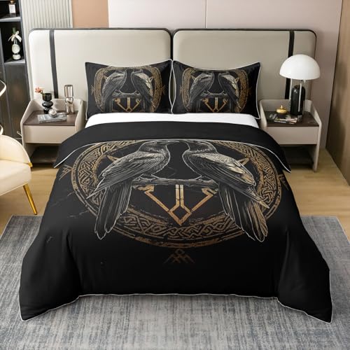 Homewish Juego de ropa de cama doble con diseño de cuervo vikingo y pájaro gótico, color negro, funda de edredón de algodón de estilo nórdico antiguo
