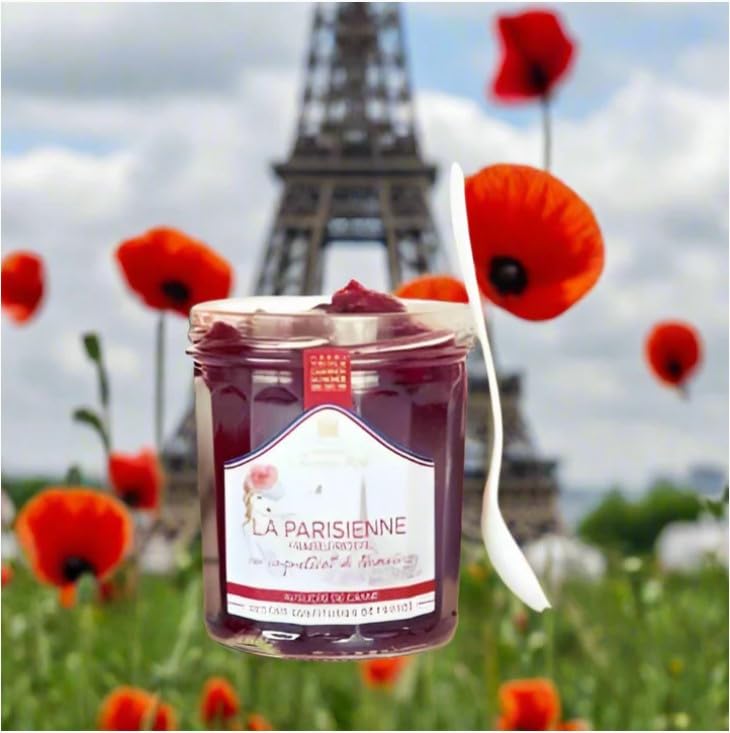 Maison Francis Miot, Set of 2, "La Parisienne" - Fraise Griotte au Coquelicot de Nemours au Sucre de Canne - (Luxury Morello Cherry, Strawberry, & Nemours Poppy) Jam, 7.7 oz Each