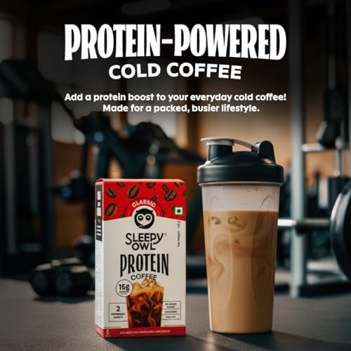Image of Sleepy Owl Classic Protein Coffee Powder, 15g Whey Protein & 2 Shots Espresso per Sachet, Less than 97 Cal, No Added Sugar, Real Cold Coffee, Light & Easy to Digest, Pack of 5 Sachets (5N x 25g)