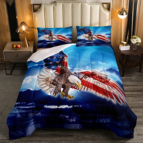 Bald Eagle Comforter Set American Flag Down Comforter for Kids Boys,Stars and Stripes America Animals Bedding Set United States Flag Wildlife Bed Quilt USA National Flag Bedroom Decor Twin