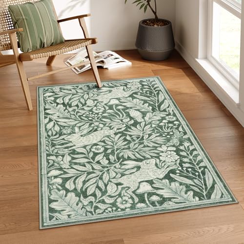 Image of Lahome Rabbit Entryway Rug 3x5, Soft Animal Washable Area Rug for Bedroom Nursery, Vintage Forest Woodland Print Sage Green Door Mat, Non Slip Stain Resistant Bunny Throw Carpet for Bathroom