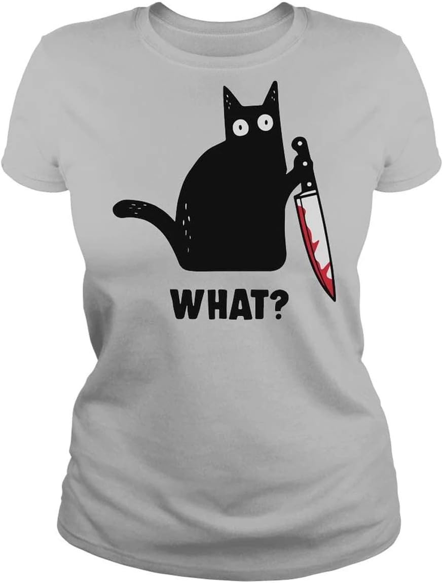 BustedTees What Cat Shirt with Knife Cute Black Cat Funny T-Shirt for Men and Women - Quality Men's Unisex Shirts